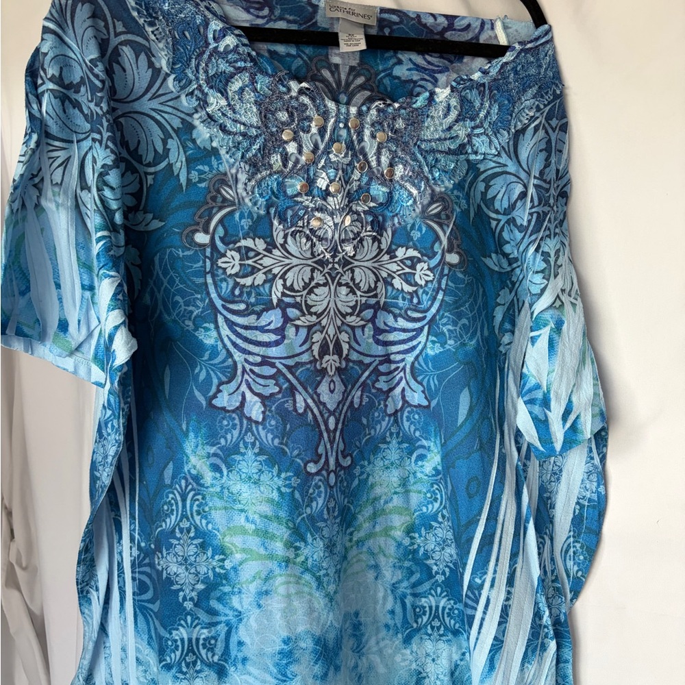 Catherines Blue Multi-Print Embellished Cold-Shoulder Tunic Top